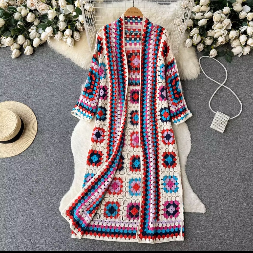 Colorful Crochet Long Length Sweater in Cream or Black - Picture 3 of 10